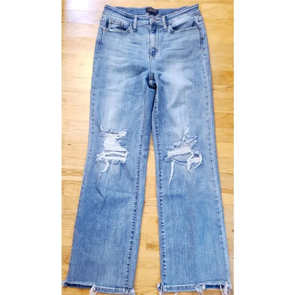 Judy Blue High Waist 90's Knee Destroy Straight Denim Jeans Size 28 Baddie - Picture 2 of 11